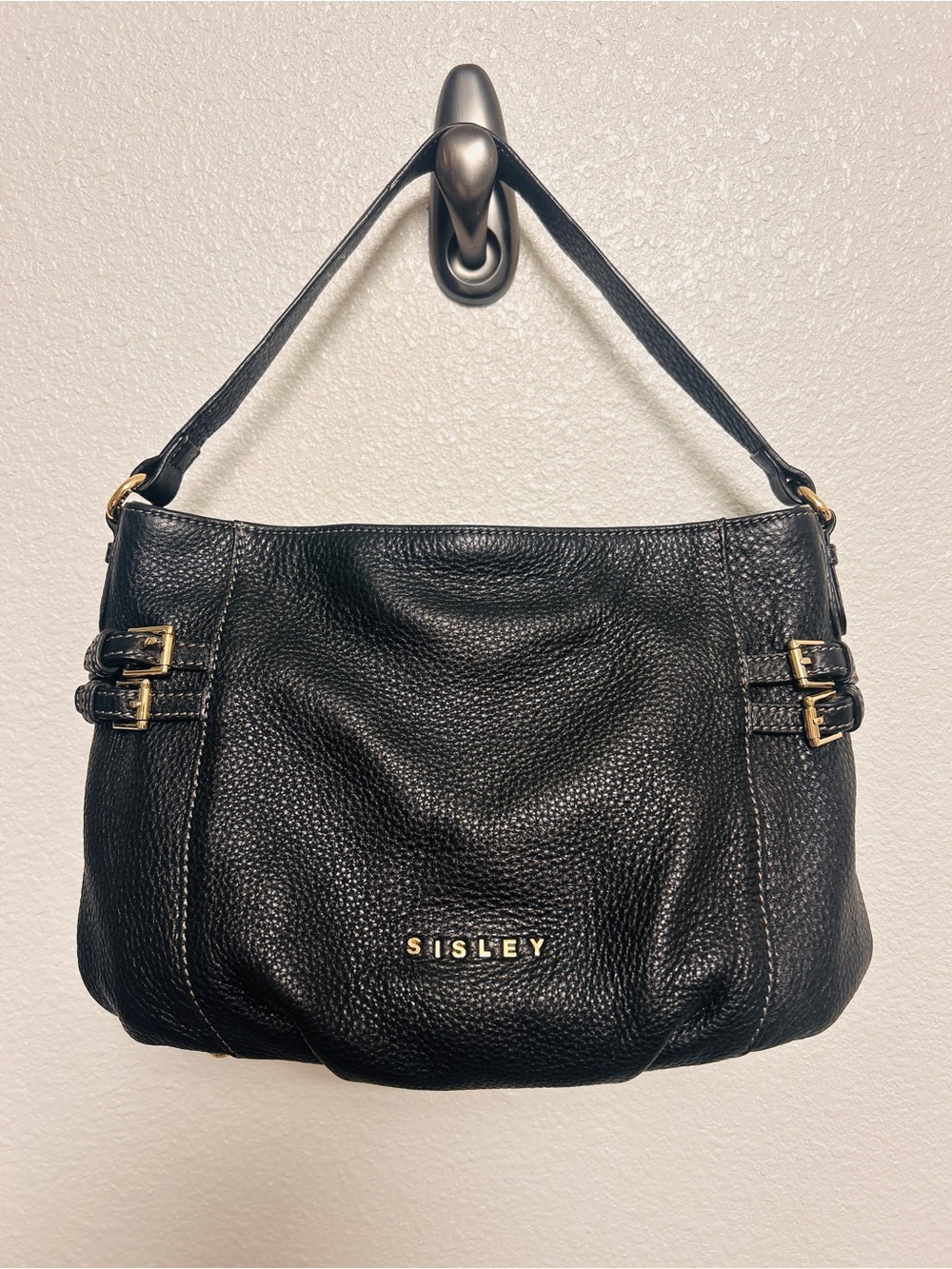 Sisley Black Pebbled Leather Shoulder Bag Gold Hardware